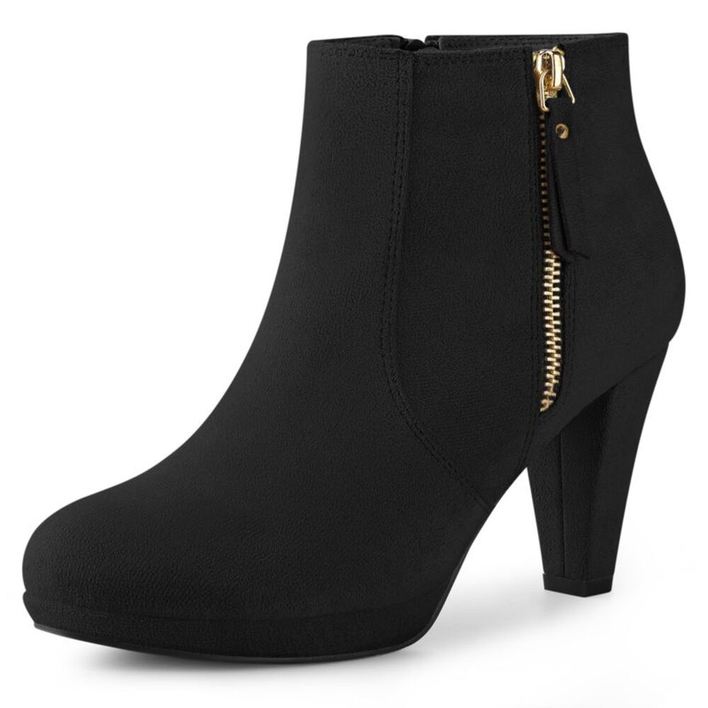 Platform Round Toe Chunky Heels Ankle Boots Black